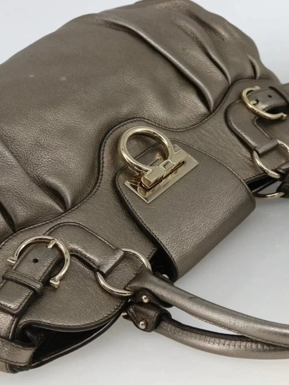 Salvatore Ferragamo Gancini Hand Bag Leather Gold Silver Auth BA11899